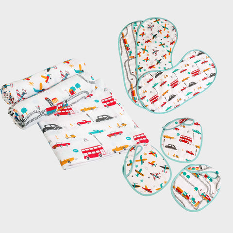 "New Beginnings" Gift Set - Off-We-Go!, Set of Swaddles, Bibs & Burp Cloths