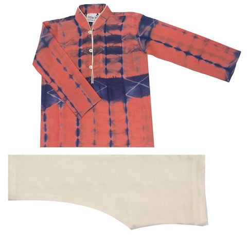 Krishna Mehta Blue & Coral Geometric Tie Dye Kurta Set