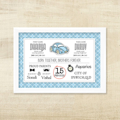 Birth Memory Frame for Twin Boys <br> Retro