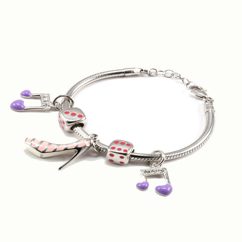 Charm Bracelet in 925 Sterling Silver <br> <span style="font-size: 11px; font-family:Helvetica,Arial,sans-serif;">Pink Enamel Ballerina Shoe Charm & Purple Enamel Musical Notes </span>