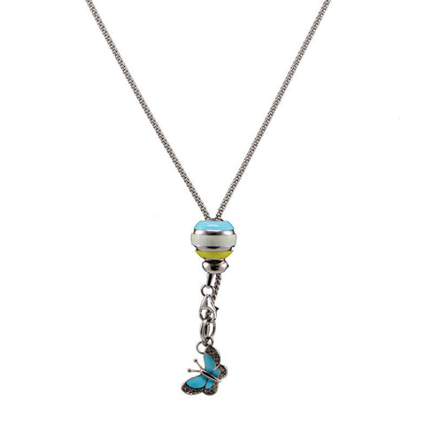 Charm Necklace in 925 Sterling Silver <br> <span style="font-size: 11px; font-family:Helvetica,Arial,sans-serif;">Blue Enamel Butterfly & Ball Charm Necklace</span>