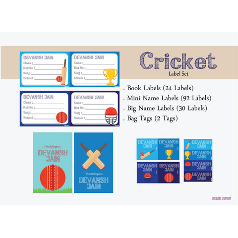 Label Set <br/>Cricket Theme<br><span style="font-size: 11px; font-family:Helvetica,Arial,sans-serif;">Assorted pack containing 146 labels and 2 bag tags </span>