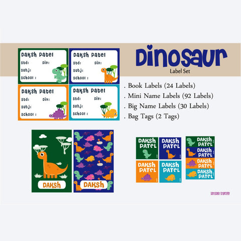Label Set<br/>Dino Theme<br><span style="font-size: 11px; font-family:Helvetica,Arial,sans-serif;">Assorted pack containing 146 labels and 2 bag tags </span>