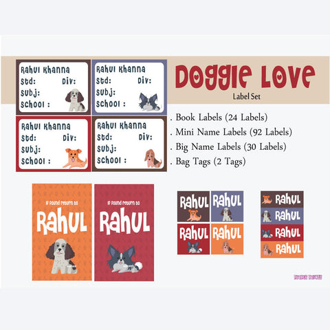 Label Set <br/>Doggie Love Theme<br><span style="font-size: 11px; font-family:Helvetica,Arial,sans-serif;">Assorted pack containing 146 labels and 2 bag tags </span>