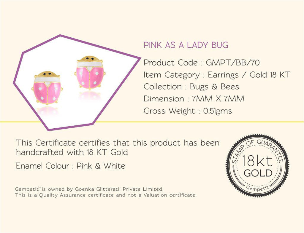 18K Gold Pink As A Lady Bug Earrings <br> Bugs & Bees