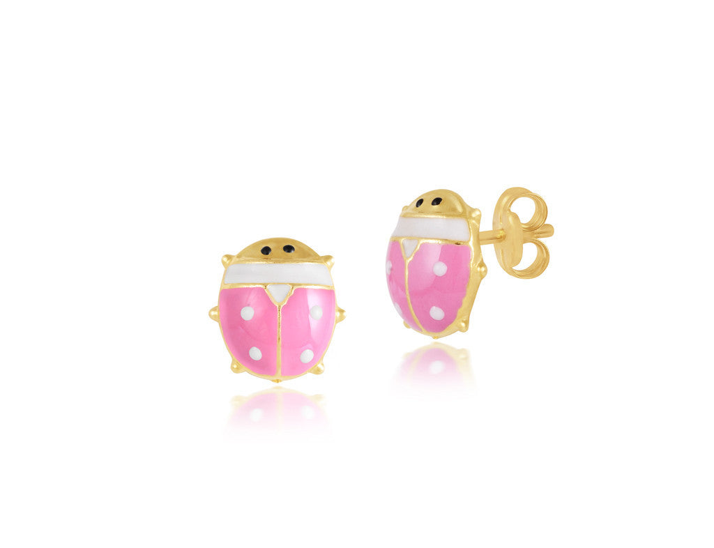 18K Gold Pink As A Lady Bug Earrings <br> Bugs & Bees