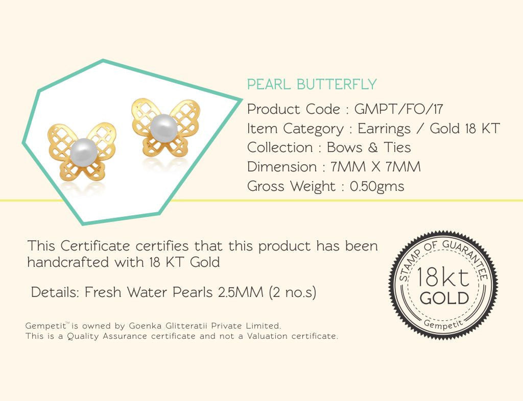 18K Gold Pearl Butterfly Earrings for Infants <br> Bows & Ties Collection