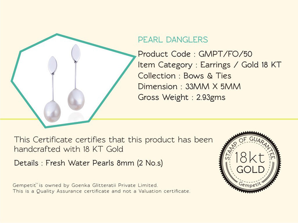 18K Gold Pearl Danglers Earrings <br> Bows & Ties Collection