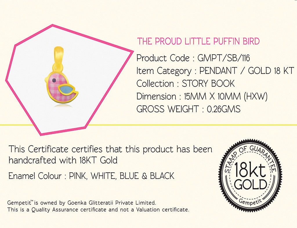 18K Gold The Proud Little Puffin Bird Pendant <br> Storybook Collection
