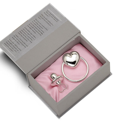 Sterling Silver Gift Set <br> With Heart Ring Rattle & Pacifier