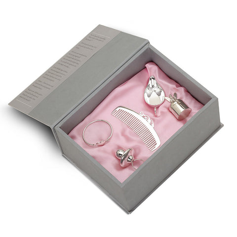 Sterling Silver Gift Set <br> With ABC Comb, Pacifier, Tooth Fairy Box, Heart Bracelet & Flat Medicine Porringer