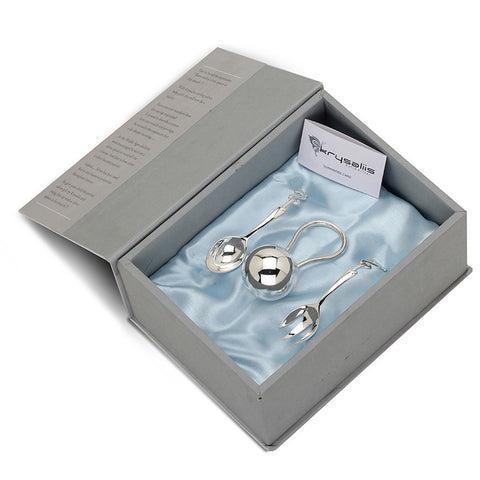 Sterling Silver Gift Set <br> With Ball Rattle, 123 Spoon & Fork Set