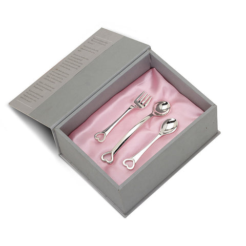 Sterling Silver Gift Set <br> With Heart Feeding Spoon, Heart Spoon & Fork Set