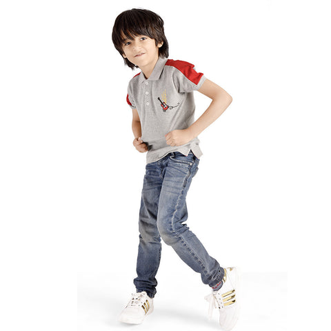 Short T-Shirt with Guitar Motif & Red Panel