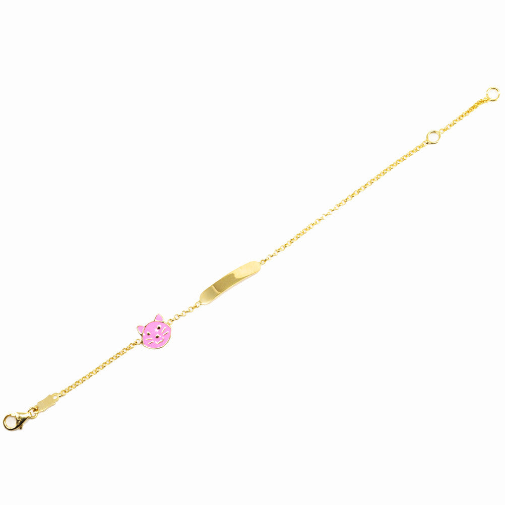 Pink Enamel Cat Bracelet in 9K Gold with Name Plate <br> <span style="font-size: 11px; font-family:Helvetica,Arial,sans-serif;">Can Be Personalised</span>