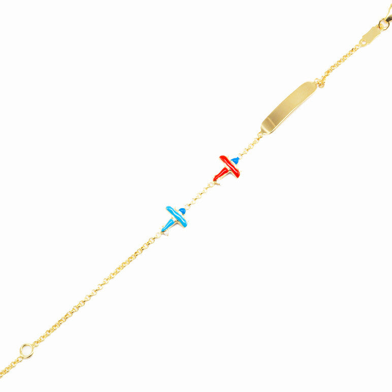 Aeroplane Enamel Bracelet in 9K Gold with Name Plate <br> <span style="font-size: 11px; font-family:Helvetica,Arial,sans-serif;">Can Be Personalised</span>