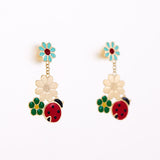 Lady Bug & Flower Enamel Earrings in 9K Gold