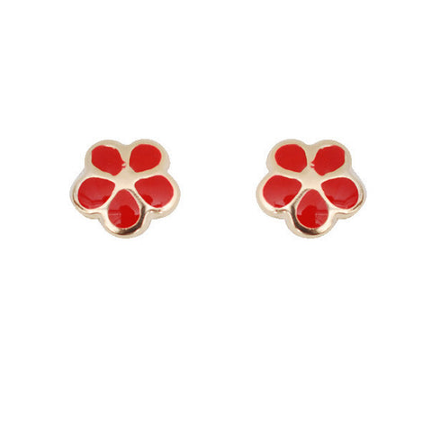 Red Enamel Flower Earrings in 9K Gold