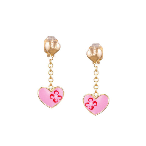 9K Gold Pink Heart Enamel Earrings