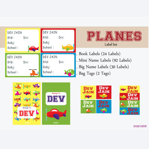 Label Set <br/>Airplane Theme<br><span style="font-size: 11px; font-family:Helvetica,Arial,sans-serif;">Assorted pack containing 146 labels and 2 bag tags </span>