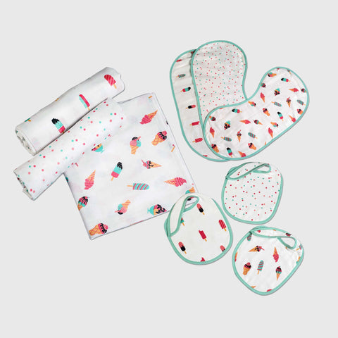 "New Beginnings" Gift Set - Scoops & Smiles, Set of Swaddles, Bibs & Burp Cloths