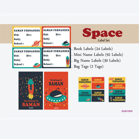 Label Set<br/>Space Theme<br><span style="font-size: 11px; font-family:Helvetica,Arial,sans-serif;">Assorted pack containing 146 labels and 2 bag tags </span>