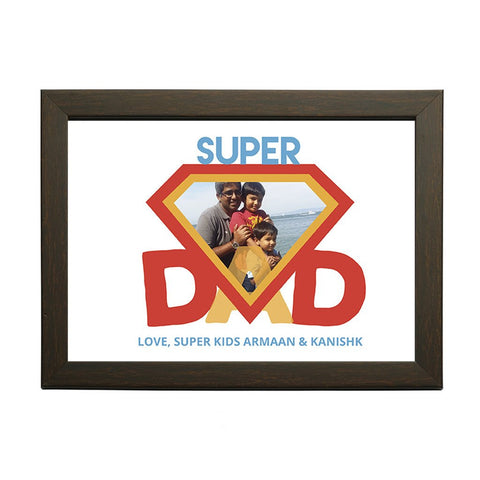 "Super Dad" Personalised Photo Frame - White with Wood Frame